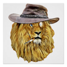 cooler lion head with hat, cigarette and monocle