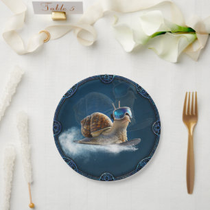 Cooler than the rest, the snowboarding snail. paper plate