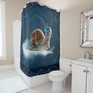 Cooler than the rest, the snowboarding snail. shower curtain