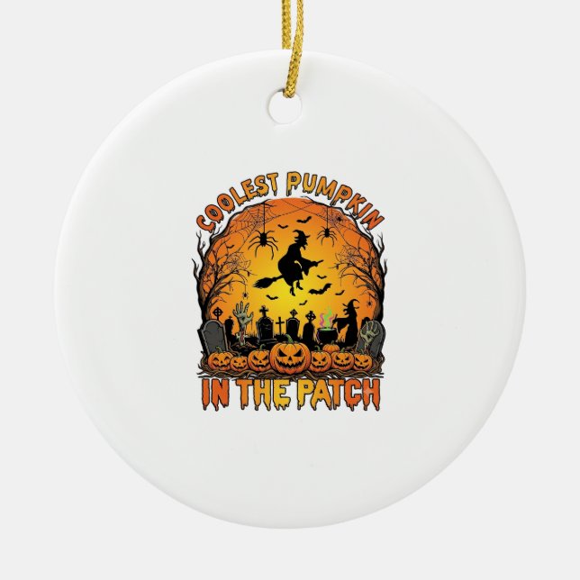 Coolest Pumpkin Patch Halloween Witch Spiders Grav Ceramic Tree Decoration (Front)