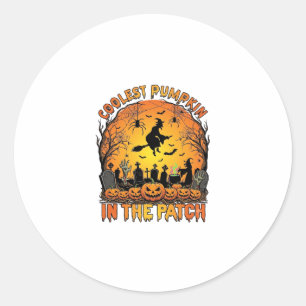 Coolest Pumpkin Patch Halloween Witch Spiders Grav Classic Round Sticker