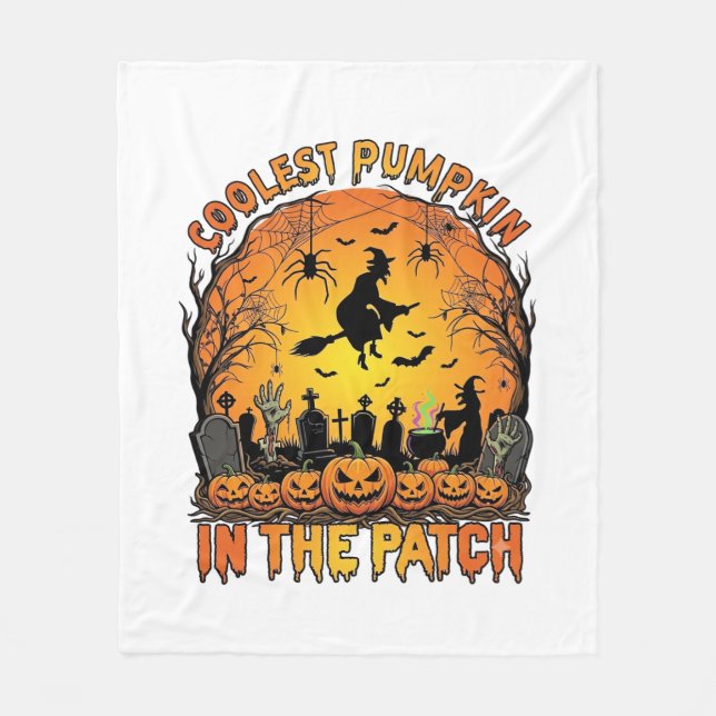 Coolest Pumpkin Patch Halloween Witch Spiders Grav Fleece Blanket (Front)