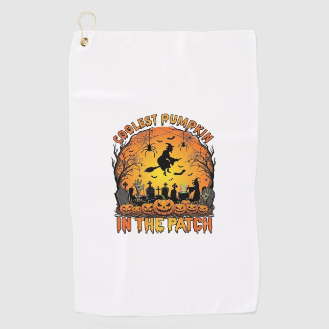 Coolest Pumpkin Patch Halloween Witch Spiders Grav Golf Towel (Front)