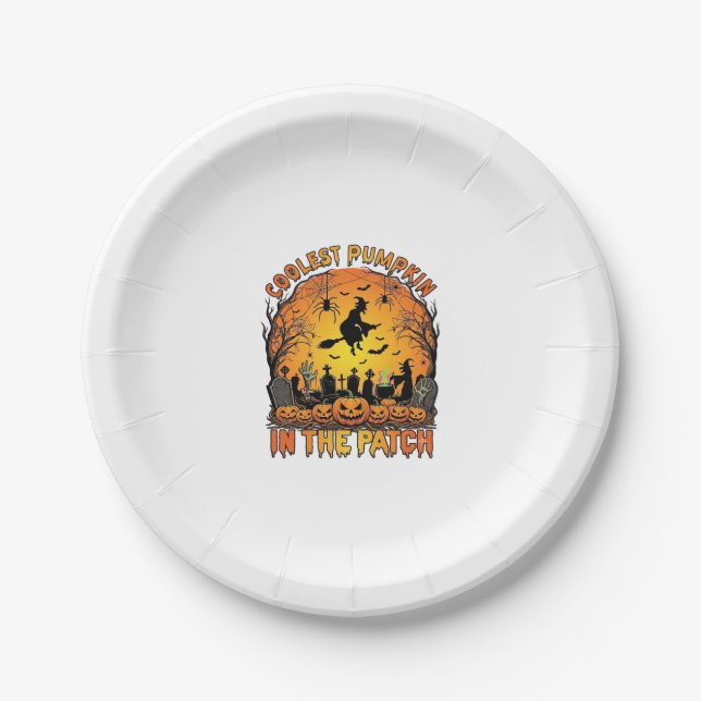 Coolest Pumpkin Patch Halloween Witch Spiders Grav Paper Plate (Front)
