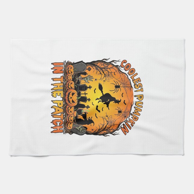 Coolest Pumpkin Patch Halloween Witch Spiders Grav Tea Towel (Horizontal)