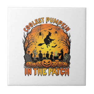 Coolest Pumpkin Patch Halloween Witch Spiders Grav Tile