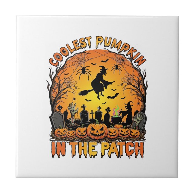 Coolest Pumpkin Patch Halloween Witch Spiders Grav Tile (Front)