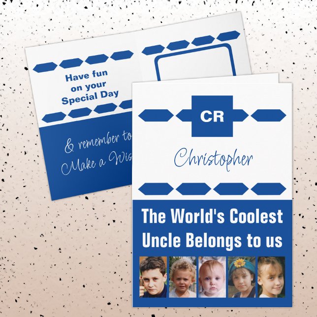 Coolest Uncle 5 photo blue white birthday Card (Creator Uploaded)