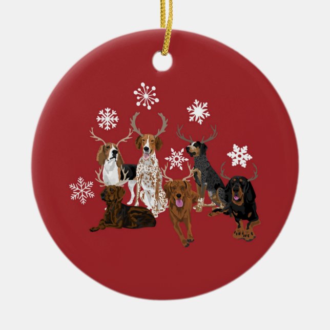 Coonhound Antlers red Ceramic Tree Decoration (Front)