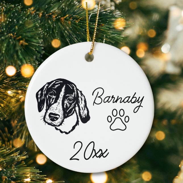 Coonhound Dog Custom Name & Year Line Art Ceramic Tree Decoration (Coonhound Dog Custom Name and Year Ornament with Paw Print. Black and White Line Art Modern)