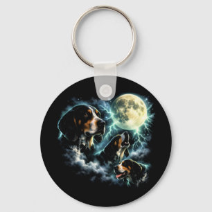 Coonhound Howling Under the Moon Rustic Dog Key Ring
