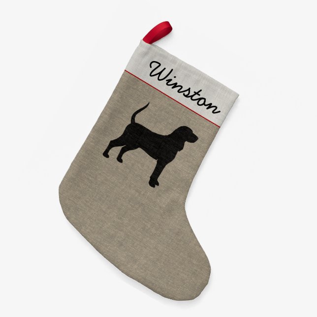 Coonhound Silhouette Faux Linen Dog Holiday Xmas Small Christmas Stocking (Front (Hanging))