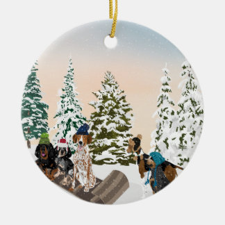 Coonhound Sledding Ceramic Tree Decoration