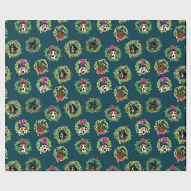 Coonhound Wreaths on Navy Wrapping Paper (Seam)