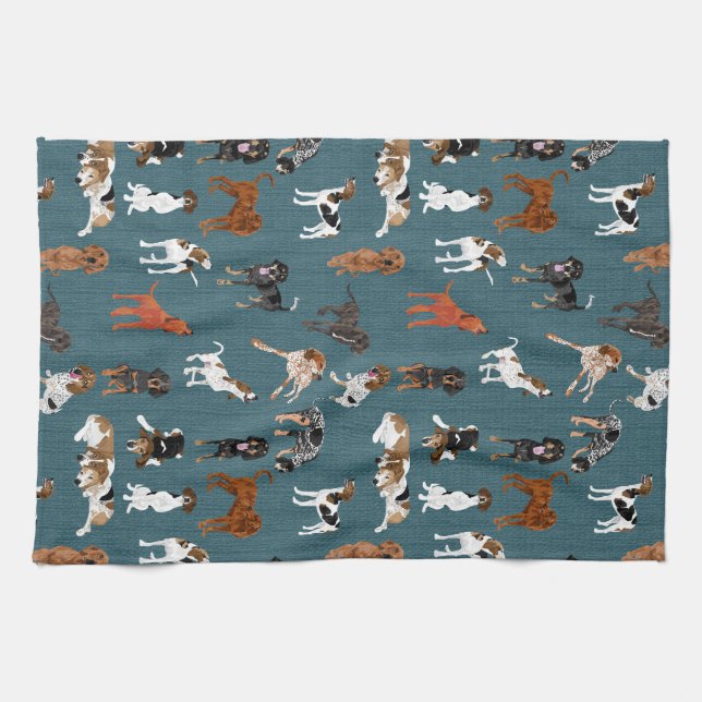 Coonhounds on Dark Teal Tea Towel (Horizontal)