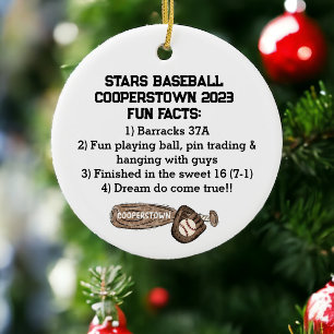 Cooperstown Baseball Team Fun Facts Custom Ceramic Tree Decoration
