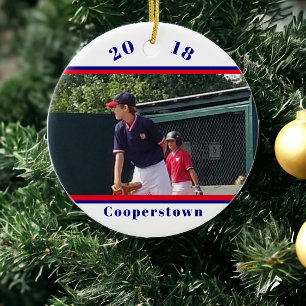 Cooperstown NY Baseball Photo Striped Memories Ceramic Tree Decoration