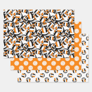 coordinating set black orange volleyballs patterns wrapping paper sheet