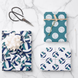 coordinating set blue teal volleyballs patterns wrapping paper sheet