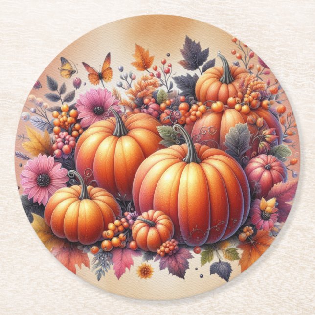 Coordinating Thanksgiving Fall Coloured Flowers Round Paper Coaster (Front)
