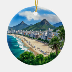 Copacabana Beach Rio Brazil Watercolor Ceramic Tree Decoration