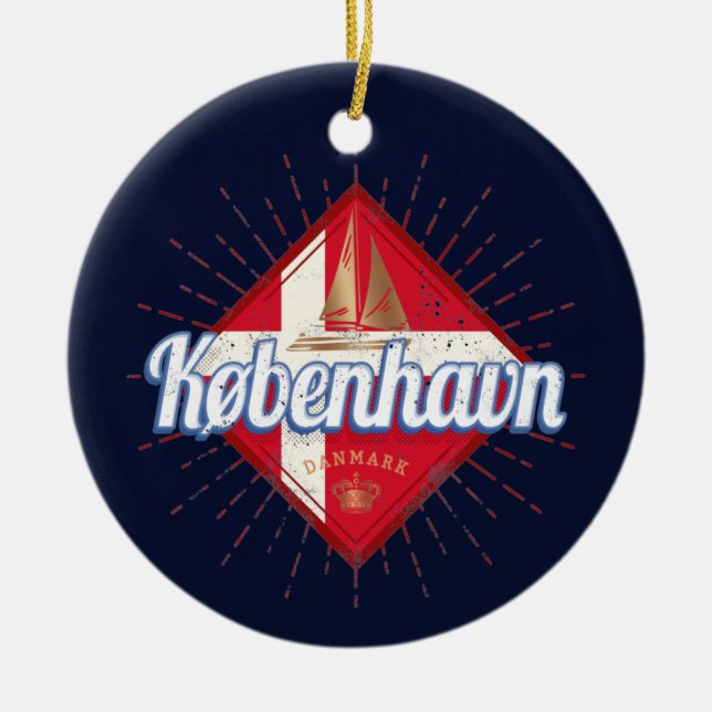 Copenhagen Capital Denmark Retro Sailing Ship Ceramic Tree Decoration (Front)