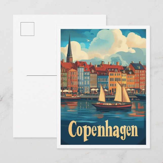 Copenhagen Denmark Art Vintage Travel Illustration Postcard (Front/Back)