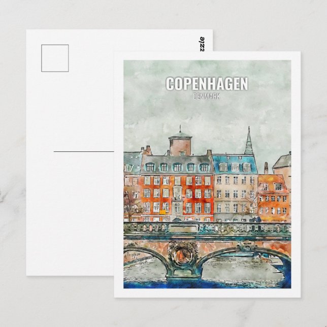 Copenhagen Denmark Famous Travel Place Watercolor Postcard (Front/Back)