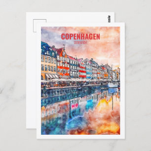 Copenhagen Denmark Famous Travel Place Watercolor Postcard
