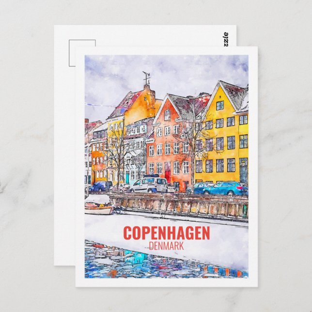 Copenhagen Denmark Famous Travel Watercolor Sketch Postcard (Front/Back)