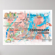 Copenhagen Denmark Illustrated Map with Main Roads