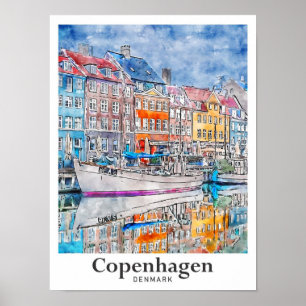 Copenhagen Denmark Travel Watercolor Hand Drawn Poster