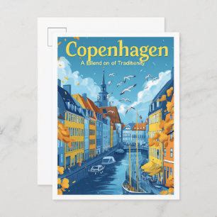 Copenhagen Denmark Vintage Art Travel Illustration Postcard