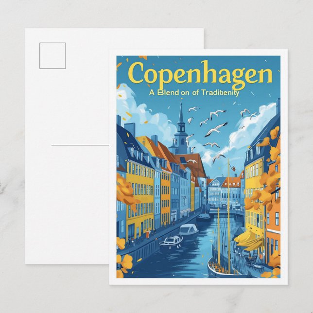 Copenhagen Denmark Vintage Art Travel Illustration Postcard (Front/Back)