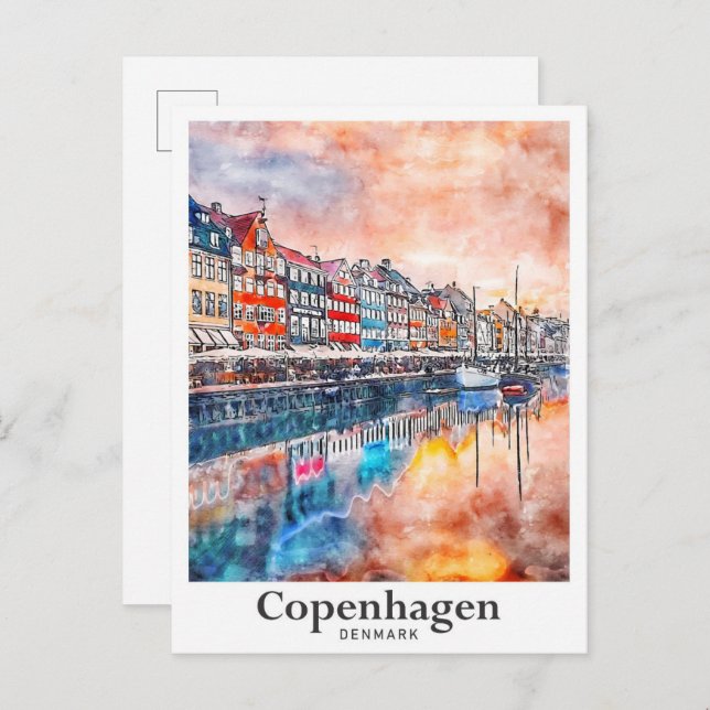 Copenhagen Denmark Watercolor Sketch Hand Drawn Postcard (Front/Back)