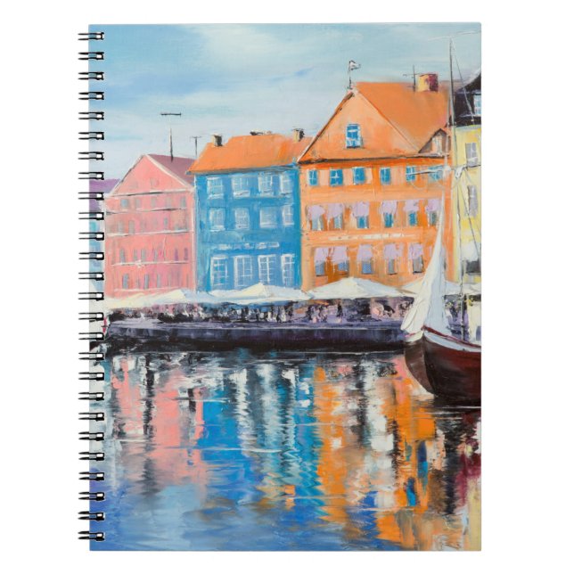Copenhagen in a shining day, colourful buildings a notebook (Front)