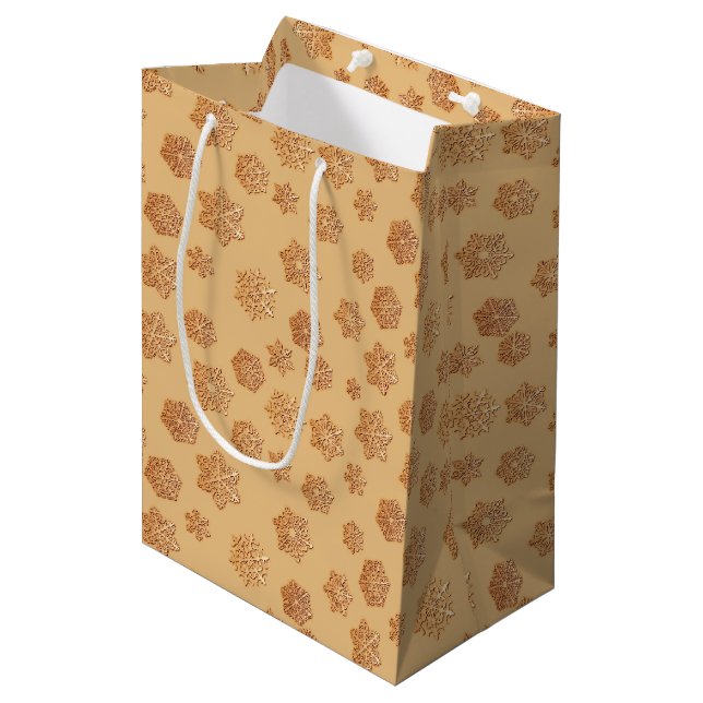 Copper 3-d snowflakes on a copper background medium gift bag (Front Angled)