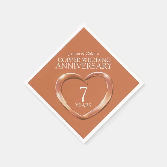 Copper 7th Wedding Anniversary heart names napkins (Corner)