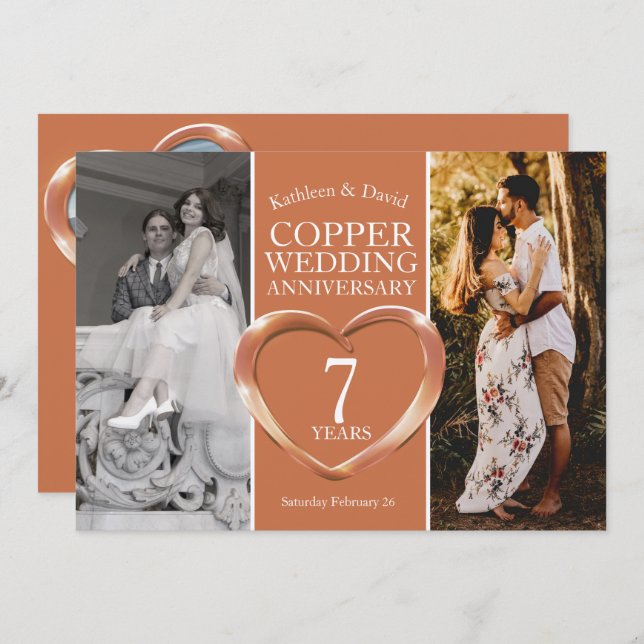 Copper 7th wedding anniversary heart party invitation (Front/Back)