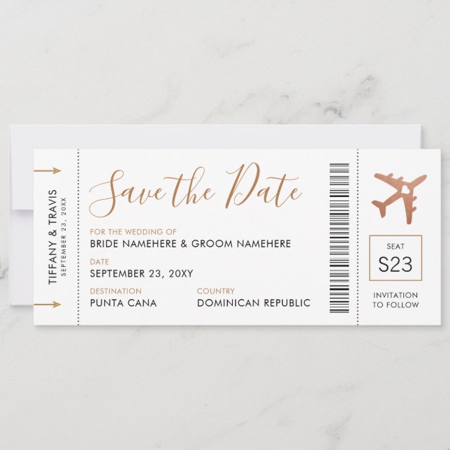 Copper Aeroplane Ticket Save the Date Announcement (Front)