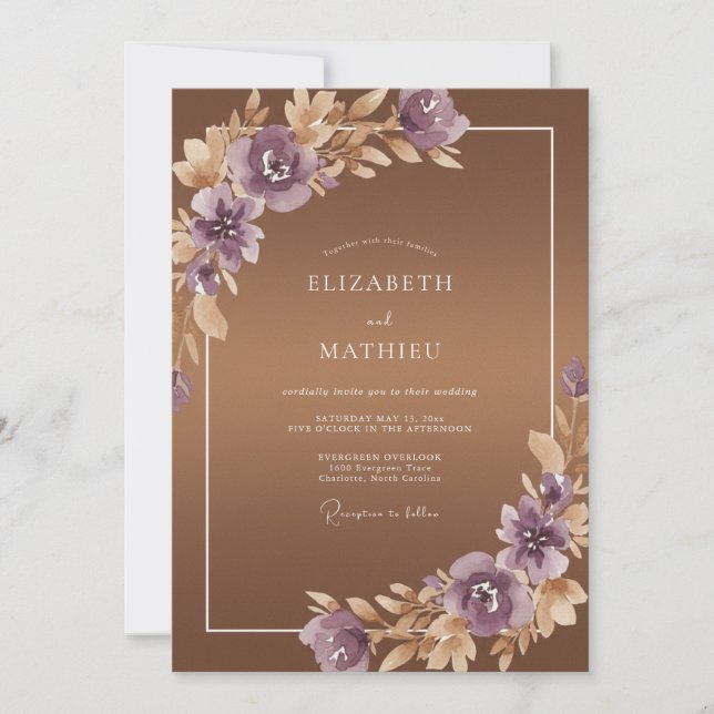 Copper Amethyst Leafy Wedding Invitation (Front)