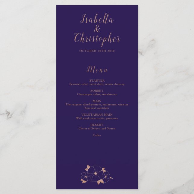 Copper and blue floral modern wedding menu (Front)