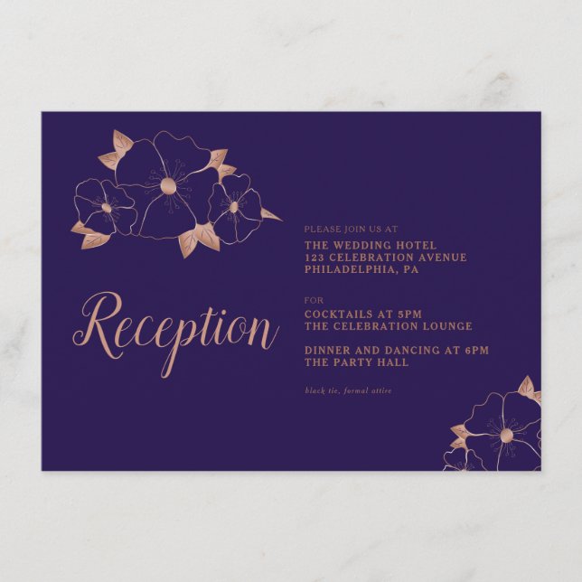 Copper and blue floral modern wedding reception enclosure card (Front)