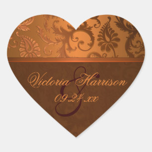 Copper and Brown Damask Heart Shaped Sticker