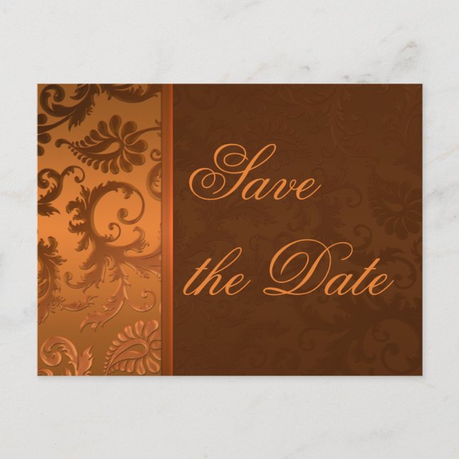 Copper and Brown Damask Save the Date Postcard (Front)
