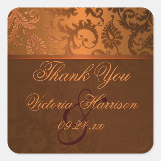 Copper and Brown Damask Square Shaped Sticker (Front)