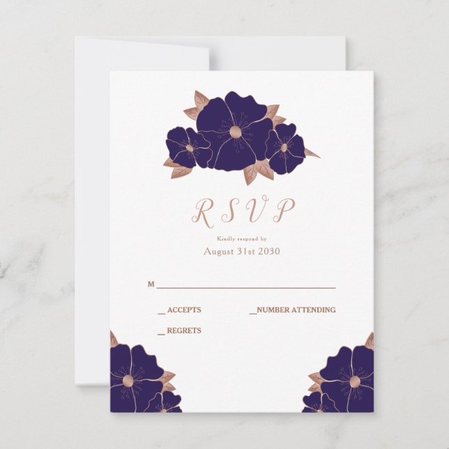 Copper and dark blue floral modern wedding RSVP (Front)
