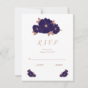 Copper and dark blue floral modern wedding RSVP Card