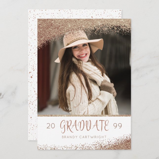 Copper and Gold Glitter Brush Script Graduate Invitation (Front/Back)