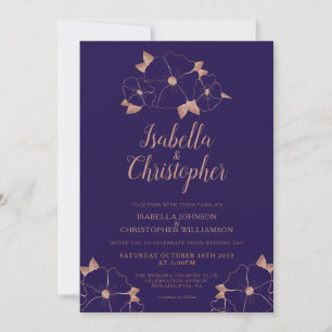 Copper and midnight blue floral modern wedding invitation
